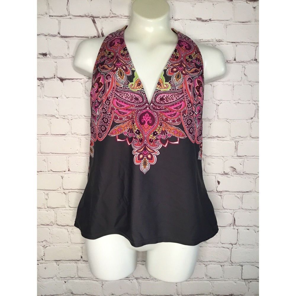 Athleta Sayulita Women’s Small S Banded Halter Tankini Top Gray /Pink Paisley